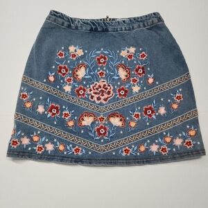 Rockin C Mini Jean Skirt Womens Sz M Embroidered Floral Western Boho Hippie